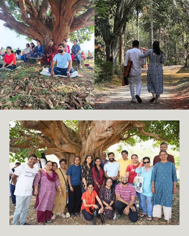 Guests gathered under an old banyan tree, and two of them walking a shaded path.