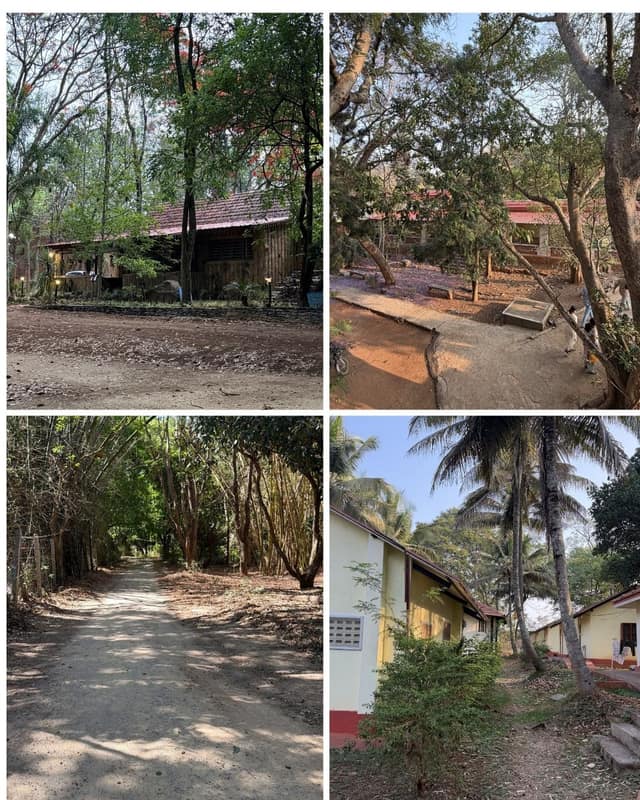 Low tiled cottages set among trees, and the dirt track that runs between them.